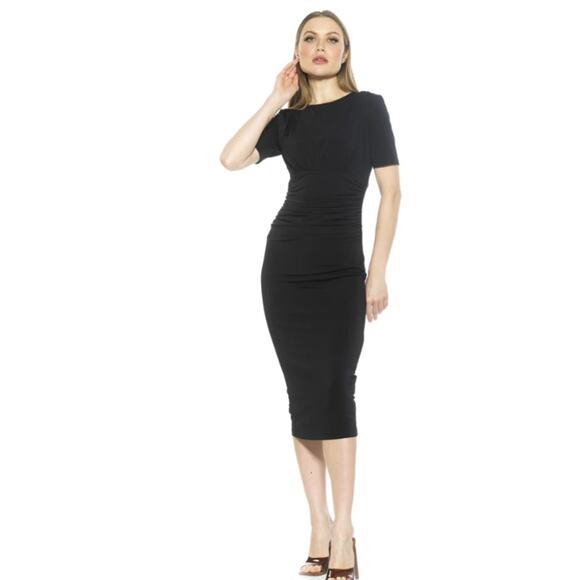 Alexia Admor Keaton Midi Dress XS Nav Blue Ruched Bodycon Cocktail NEW Evening - Picture 1 of 16